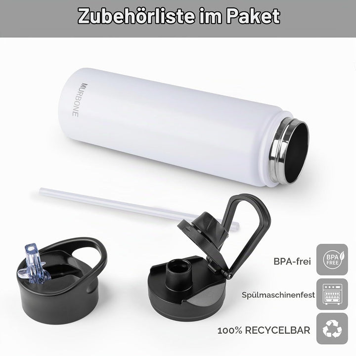 Edelstahl Trinkflasche 750ml (+2 Deckel)-mit Strohhalm,BPA frei,Thermosflasche Auslaufsicher,Kohlens