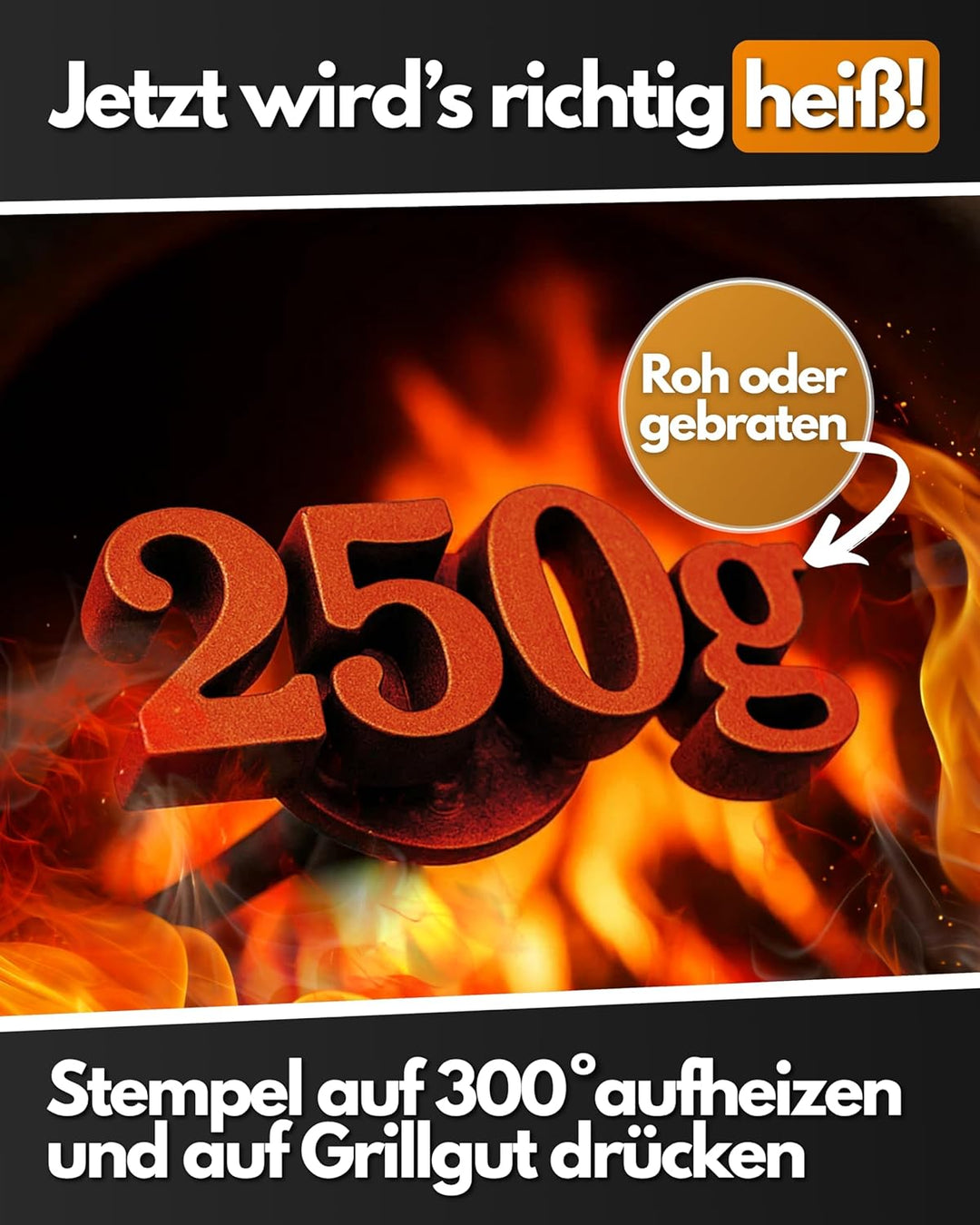 Feuerfest 123 Brennstempel mit 250g-Motiv I 5,8 x 2,3 x 35 cm I Grill-Stempel aus robustem Stahl I H