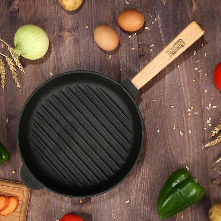4BIG.fun Ø24cm Grillpfanne aus Gusseisen mit Glasdeckel Induktion Holzgriff Bratpfanne Pfanne Feuerp