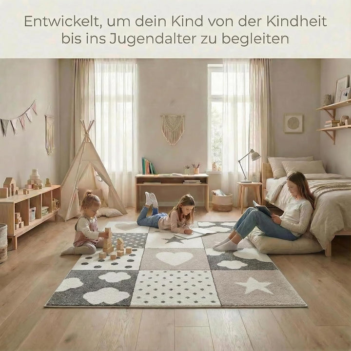 Kinderteppiche Patchwork Herz Sterne Wolke | Kinderteppich für Mädchen und Jungs | Teppich für Kinde