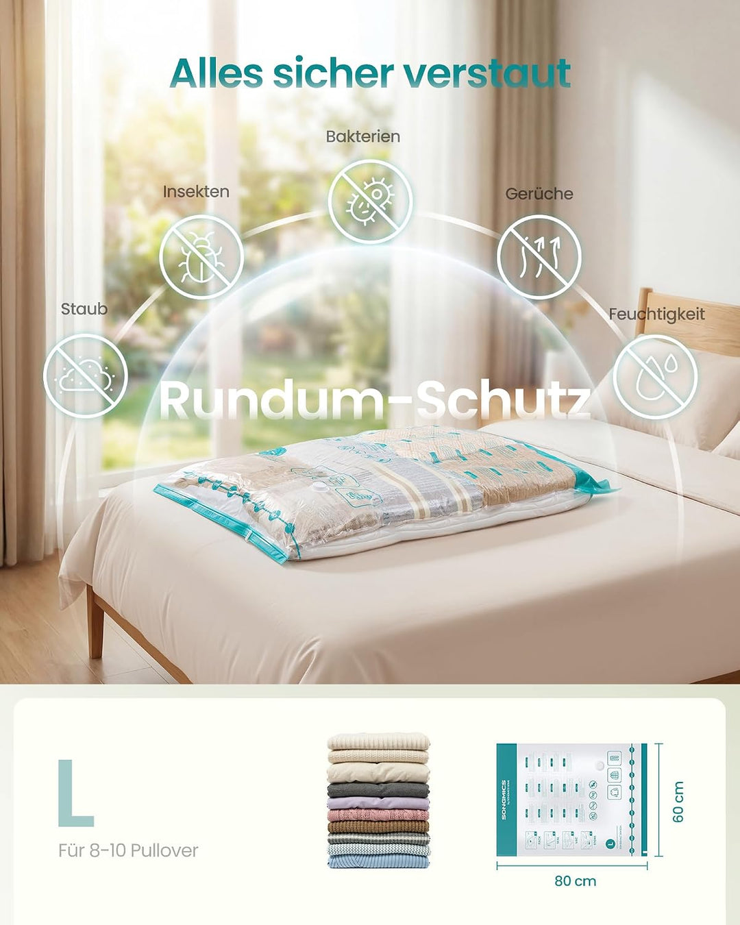 SONGMICS Vakuumbeutel, Vakuumierbeutel für Kleidung, Bettwäsche, Aufbewahrungsbeutel Reisen, platzsp