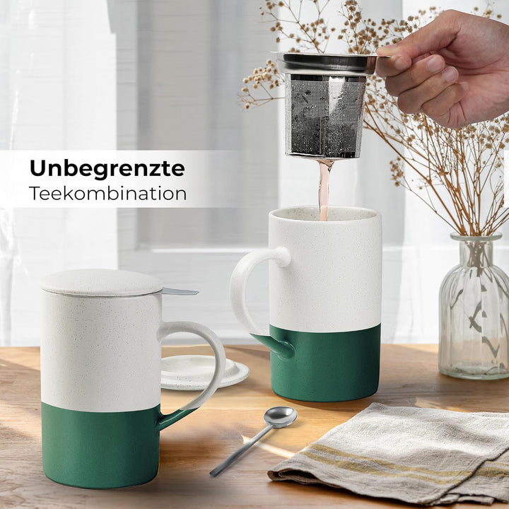 MIAMIO - Tee Tassen Set 2 x 500 ml mit Deckel und Sieb/Keramik Tee Becher mit Teeei und Löffel für d