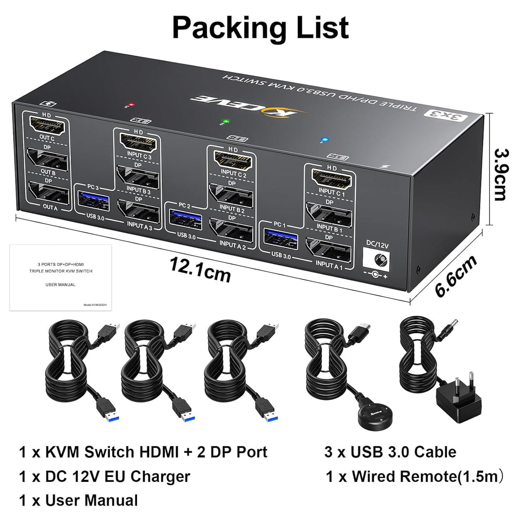 KVM Switch 3 PC 3 Monitore 8K@60Hz, 4K@144Hz, USB 3.0 KVM Switch Triple Monitor 2 Displayport 1.4 +