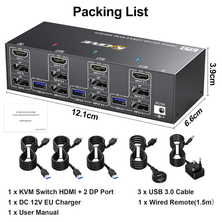 KVM Switch 3 PC 3 Monitore 8K@60Hz, 4K@144Hz, Triple Monitor KVM Switch 2 Displayport + 1 HDMI Teile