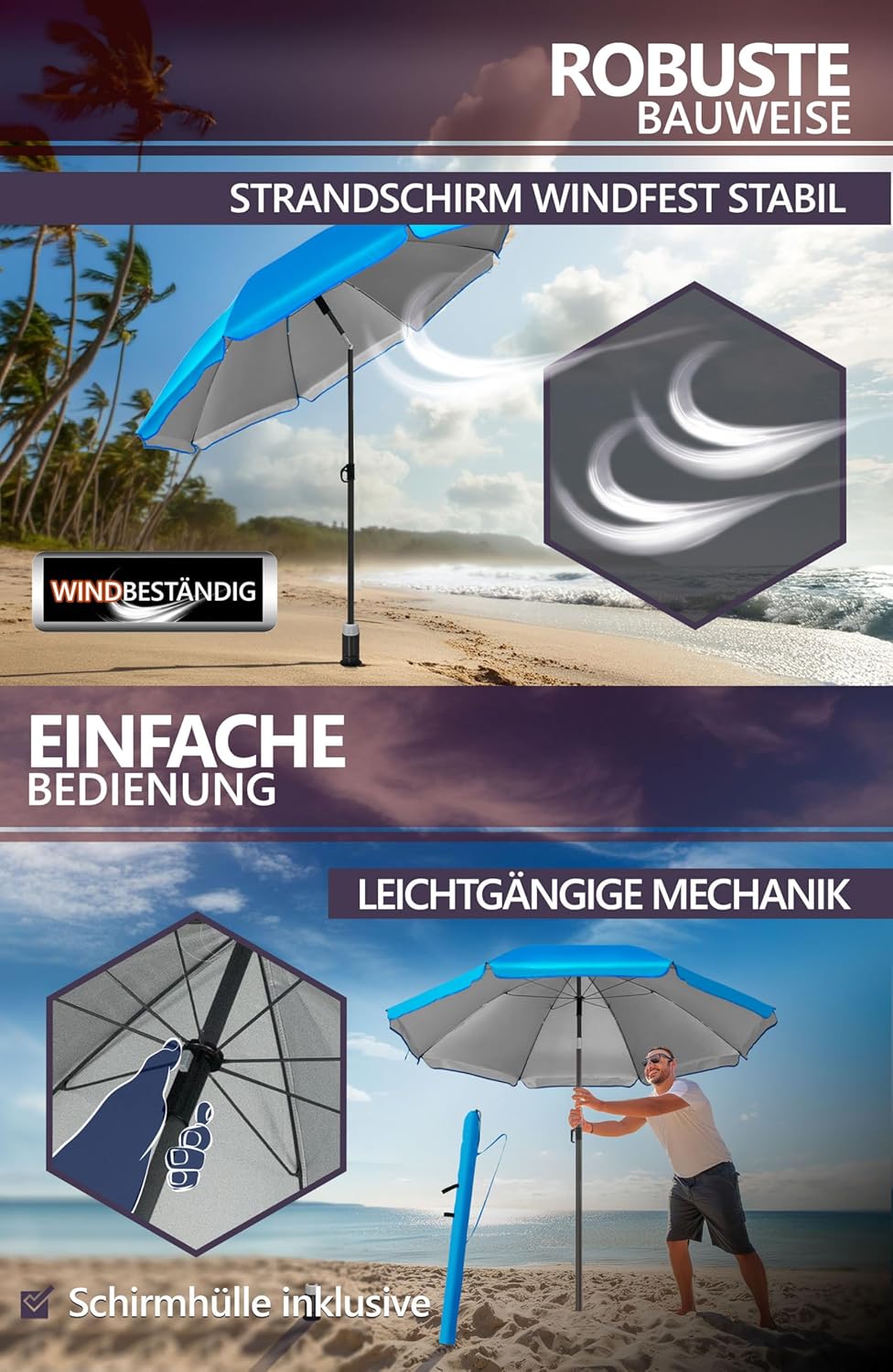 4smile Sunnyjoy Sonnenschirm Strand 3-IN-1 Set - Strandschirm windfest stabil, UPF 50+ Sonnenschirm