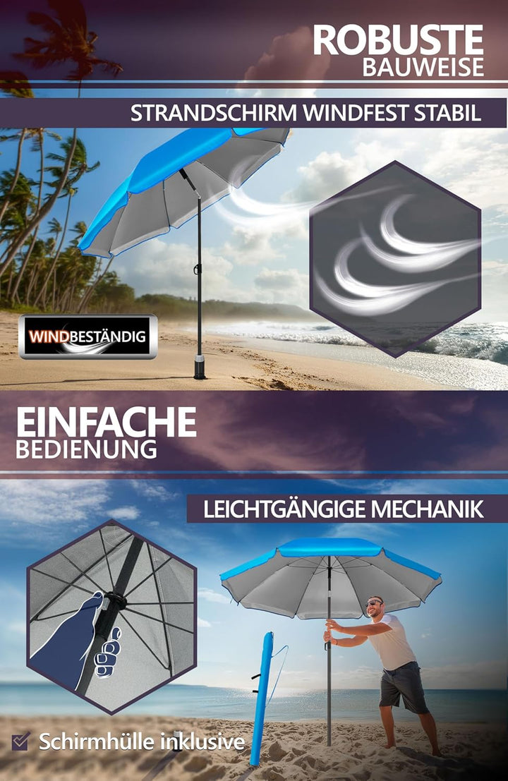 4smile Sunnyjoy Sonnenschirm Strand 3-IN-1 Set - Strandschirm windfest stabil, UPF 50+ Sonnenschirm