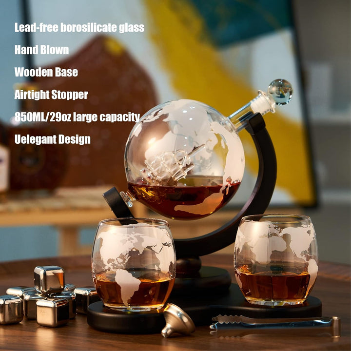 Zcoolo Whisky Decanter Set 850 ml Decanter, 2 Engraved Ball Glasses, Stainless Steel Funnel and 8 St