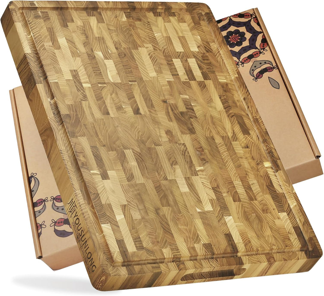 YOUSUNLONG Schneidebrett - XXL Grosses End-Grain Teakholz Fleischer-Block - 61L x 46B x 3,8D cm - Sc