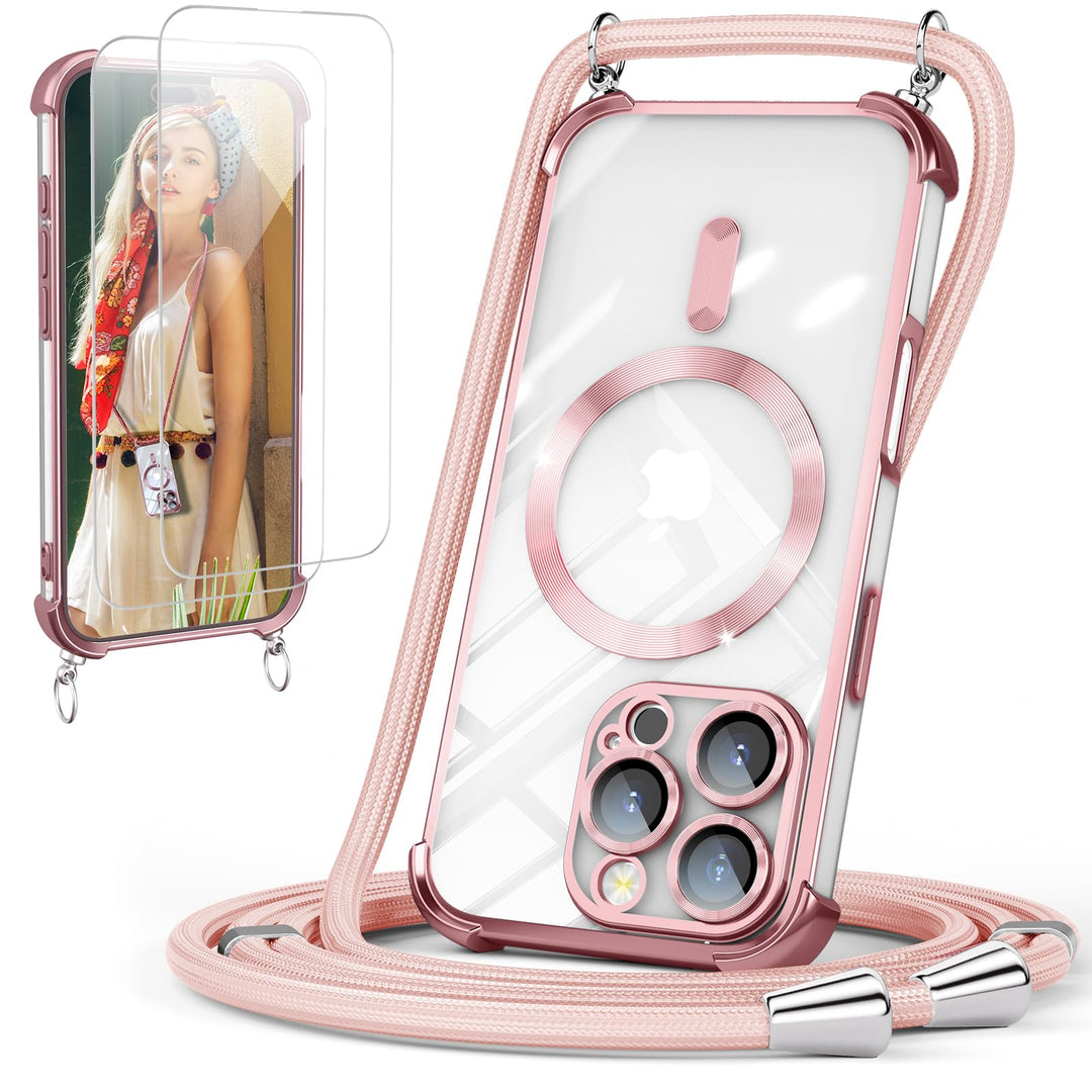 GOODVISH Handykette für iPhone 16 Pro Hülle mit Band Magnetisch, Rosé | mit 2 Stück Schutzfolie, mit