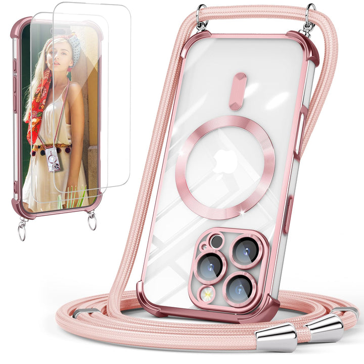 GOODVISH Handykette für iPhone 16 Pro Hülle mit Band Magnetisch, Rosé | mit 2 Stück Schutzfolie, mit