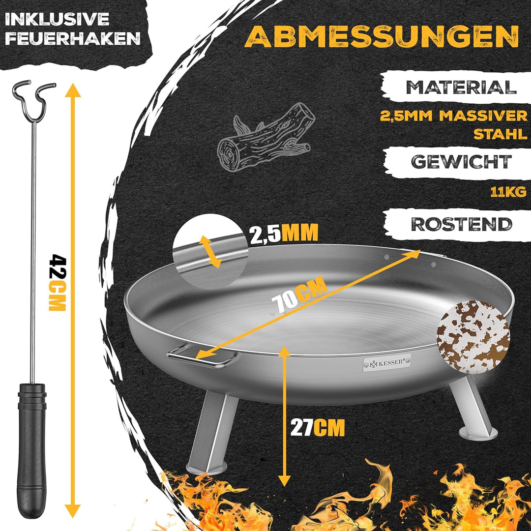 KESSER® Feuerschale 2,5mm Stahldicke | Feuerkorb Ø70cm legierter Stahl | Feuertonne +42cm Feuerhaken