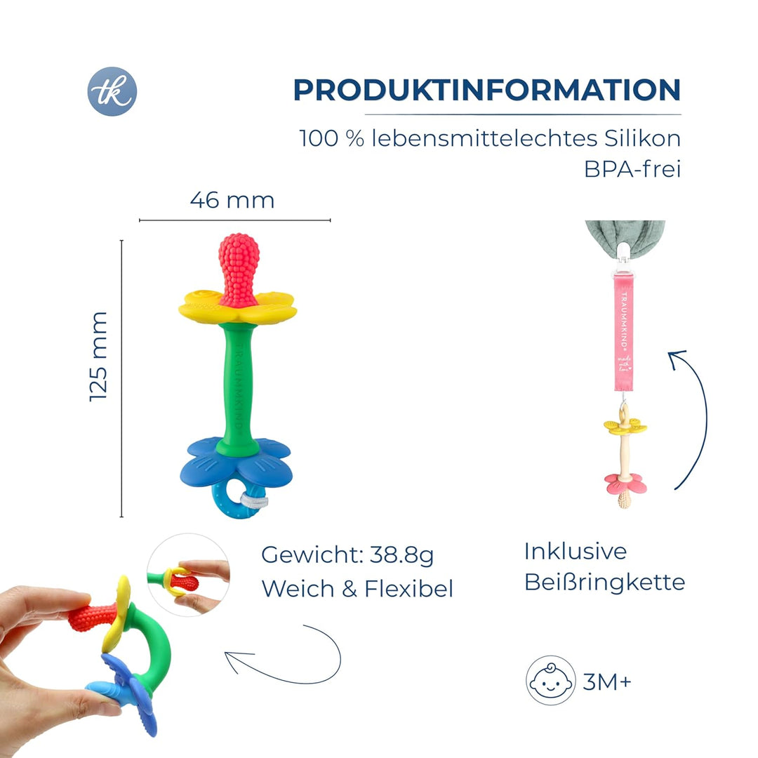 Beissring Baby Blume mit Clip – Baby Zahnungshilfe aus BPA-freiem Silikon, weich &amp; flexibel, Greifli