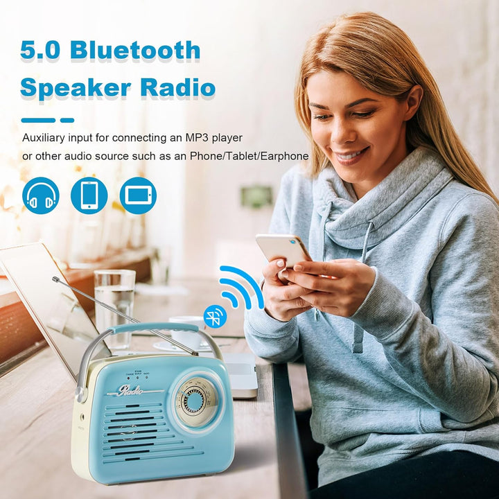 Radios Portable Am Fm, Kleine Retro Vintage Radio Bluetooth, AA-Batterie betriebene Radio oder Steck