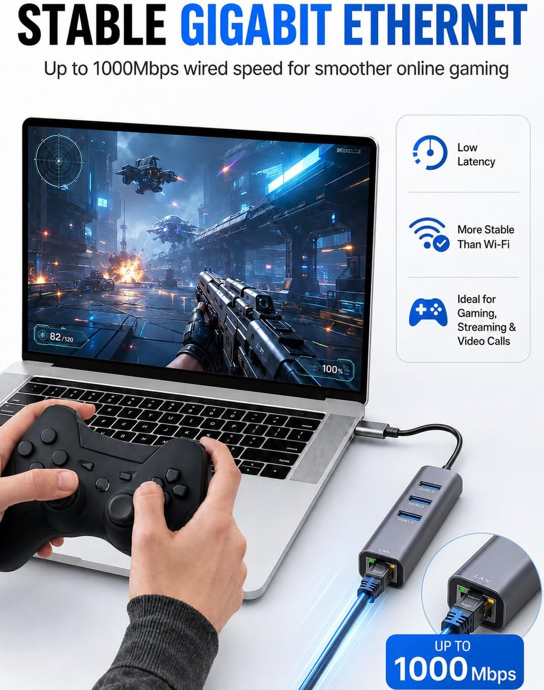 USB C auf Ethernet Adapter,ABLEWE Aluminium 4 in 1 USB C zu RJ45 1000Mbps Ethernet LAN Netzwerkadapt
