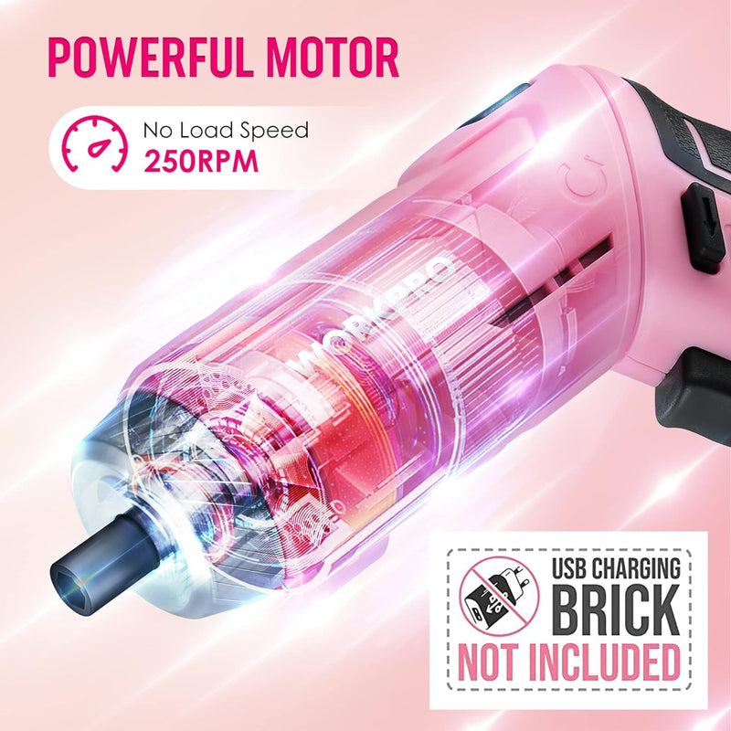 WORKPRO 53-tlg. Werkzeug Set Rosa mit Akkuschrauber klein, pink Werkzeugtasche gefüllt für Haushalt