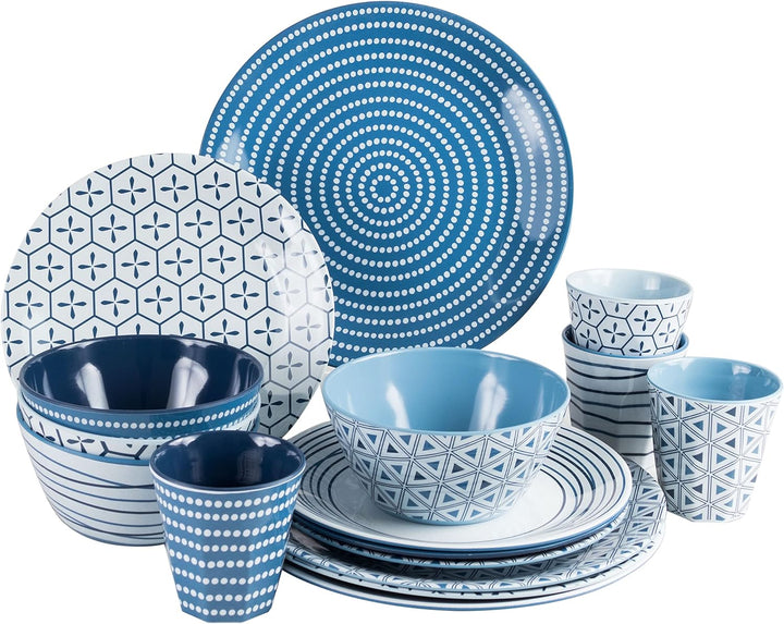 Camping Geschirr Set 4 Personen, Blau-Weiss, Melamin Geschirr Set, Camping-Geschirr, Wohnmobil Gesch