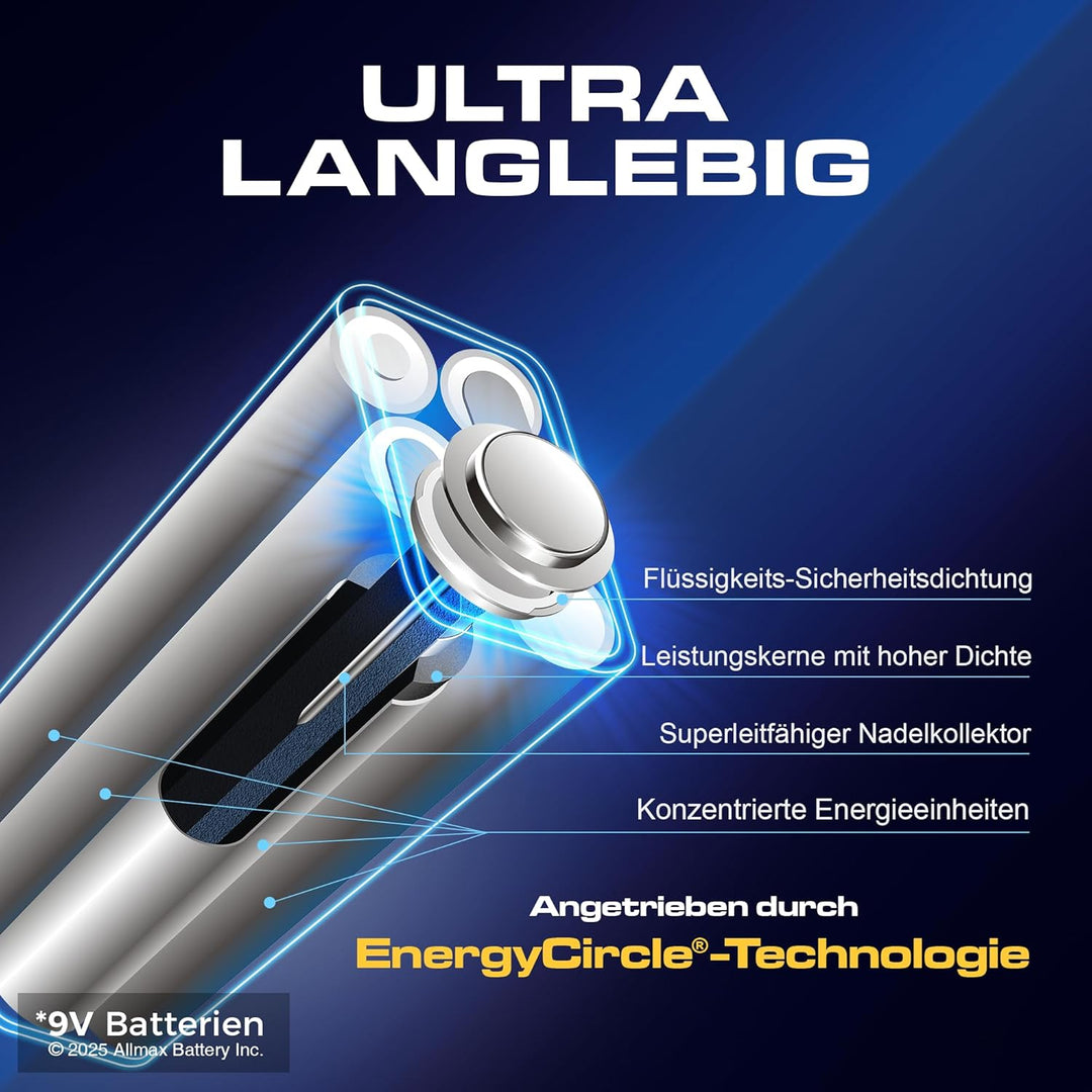 Allmax 9V Block (6LR61) Maximum Power Alkaline-Batterien (48 Stück) - Ultra-langlebig, 7 Jahre Haltb