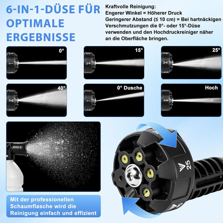 Akku Hochdruckreiniger, Mobiler hochdruckreiniger mit 2×3.0Ah Akkus, 6-in-1 Multifunktionale, 5M Sch