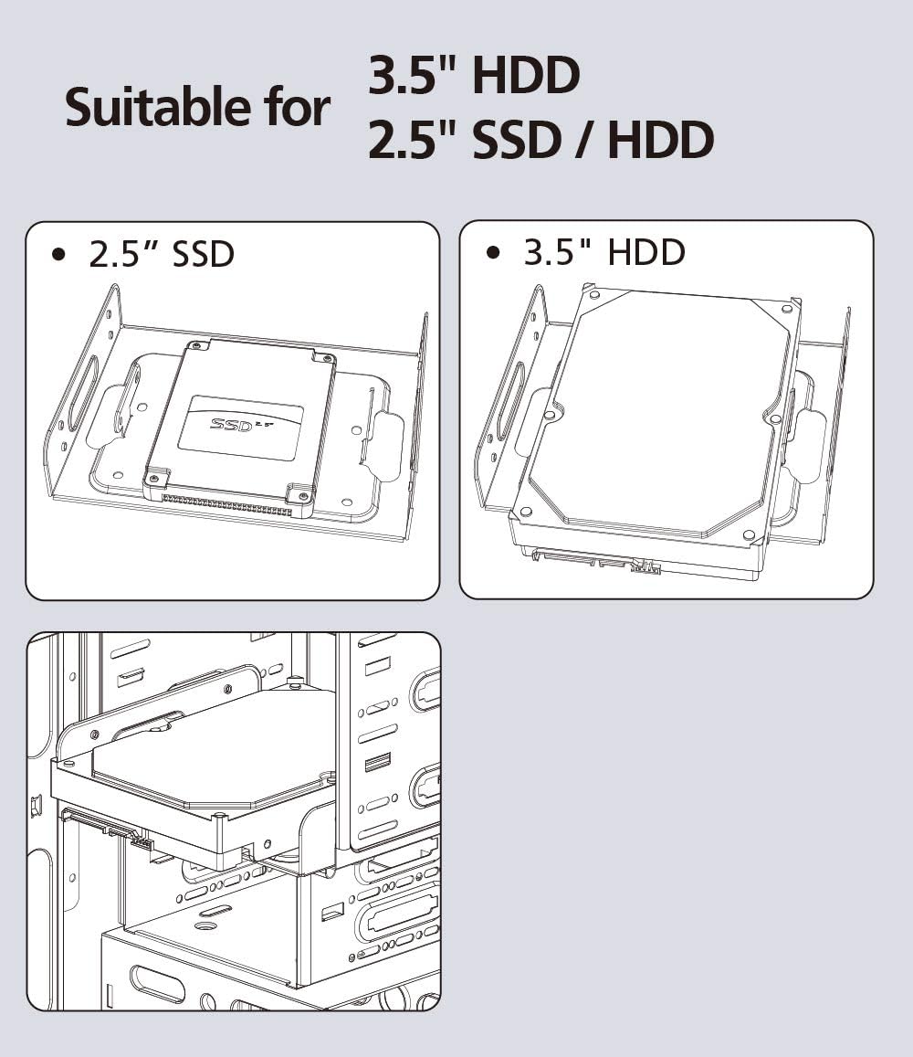 Akasa SSD & HDD Adapter passend für 3,5"l HDD oder 2,5" HDD/SSD in 5,25 Zoll PC Halterung, Festplatt