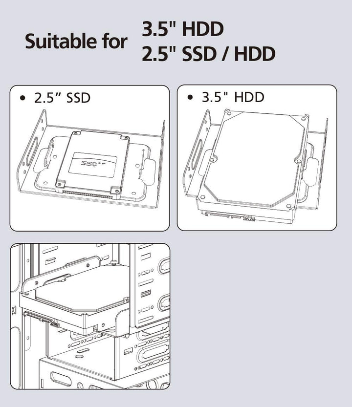 Akasa SSD & HDD Adapter passend für 3,5"l HDD oder 2,5" HDD/SSD in 5,25 Zoll PC Halterung, Festplatt