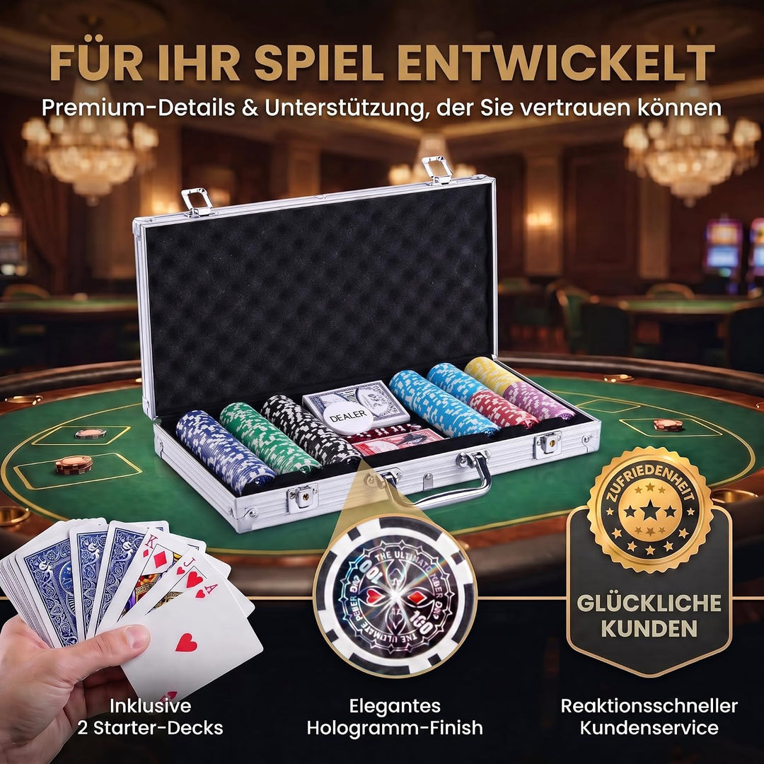 Profi Pokerkoffer Pokerset inkl. 300-500 schwerer 12g Metallkern Poker-Chips; Pokerdeck, Pokerkarten