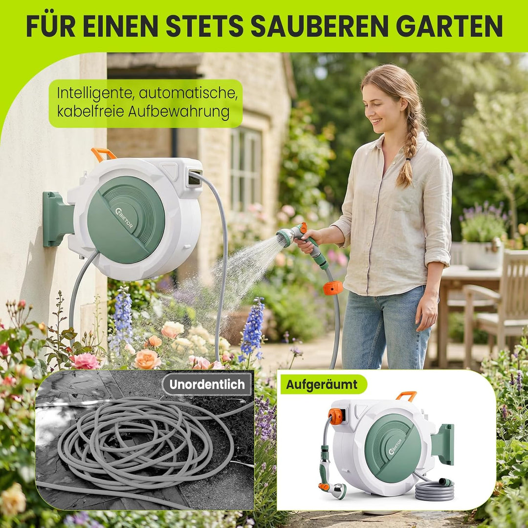 Schlauchtrommel Wasser 30m + 2m, 180° Schwenkbar Wand-Schlauchbox, Automatischer Gartenschlauch trom