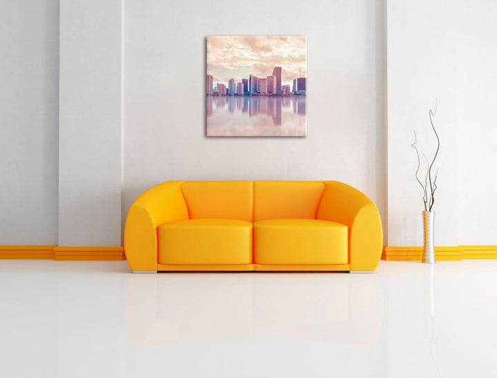 Pixxprint Miami Florida Skyline bei Sonnenuntergang, Format: 70x70 auf Leinwand, 70x70