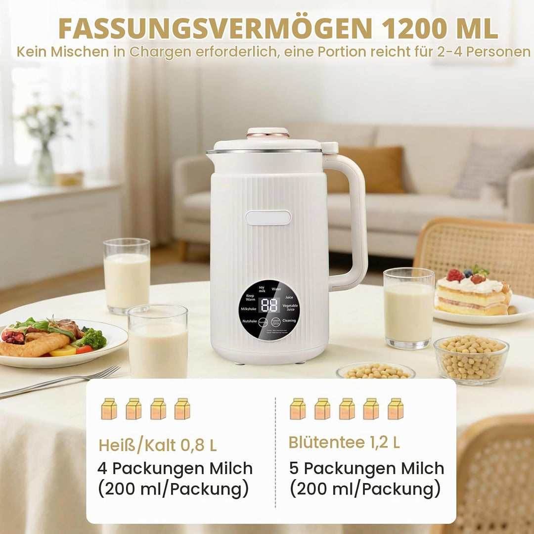 Nussmilchmaschine 8-in-1, Pflanzenmilchbereiter 1200 ml mit Selbstreinigung, Warmhaltefunktion &amp; Tim