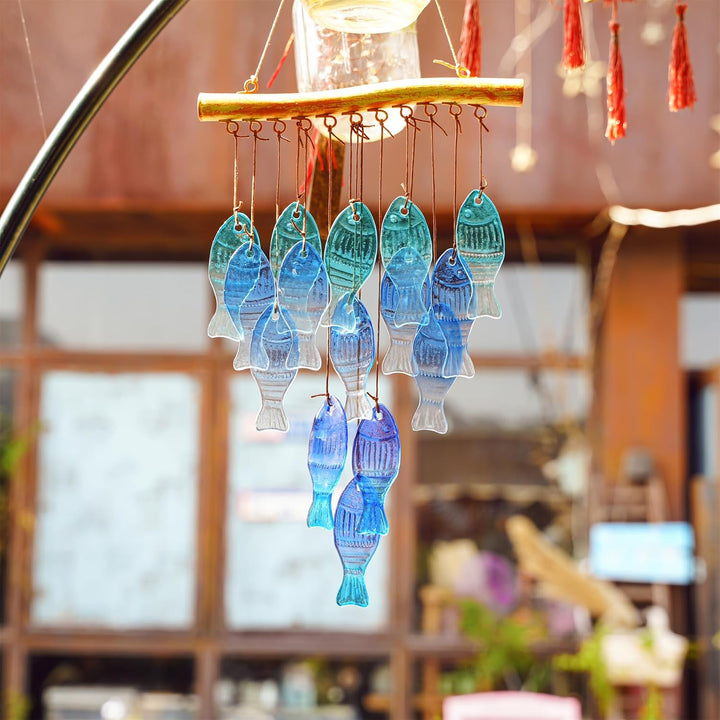 H&D HYALINE & DORA 58,4 cm blaues Glas Meereswindspiel, handgefertigtes Fisch Windspiel für draussen