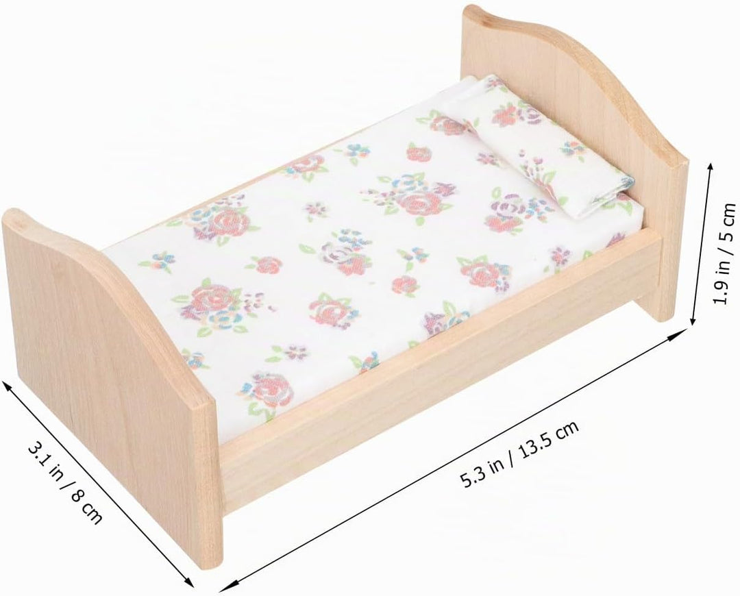 Abaodam Mini Hausmöbel Puppenbett Holz 1:12 Miniaturbett Mit Baumwollbettwäsche Und Kissen Spielzeug