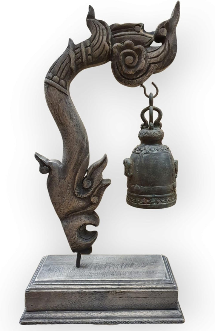 Kinaree Thai Tempel Glocke mit Schnitzerei - Bronze Glocke - Massivholz - thailändische Dekoration -