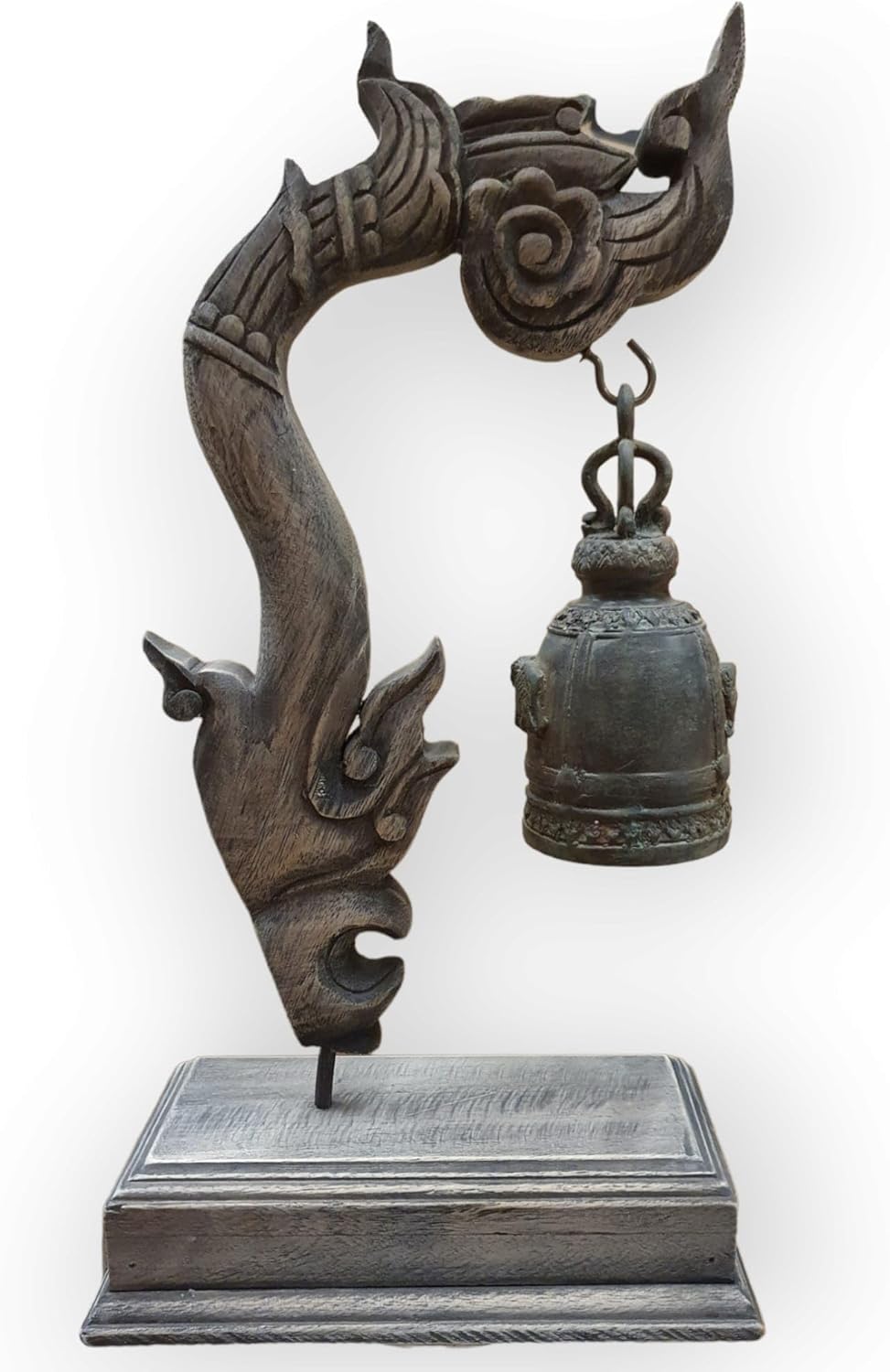Kinaree Thai Tempel Glocke mit Schnitzerei - Bronze Glocke - Massivholz - thailändische Dekoration -