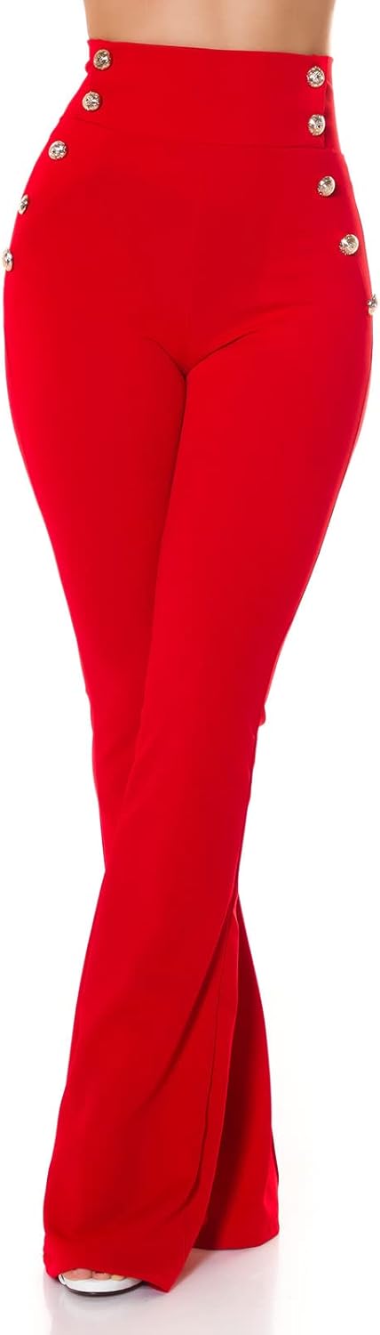 Koucla Stoff Business High Waist Schlag Hose mit Deko Knöpfe L Rot, L Rot
