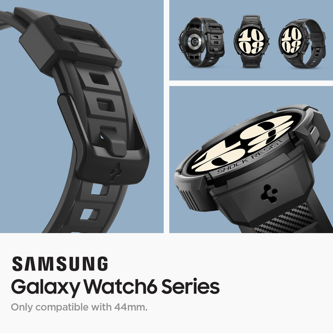 Spigen Rugged Armor Pro Hülle mit Armband Kompatibel mit Samsung Galaxy Watch 6 44mm 2023 - Schwarz
