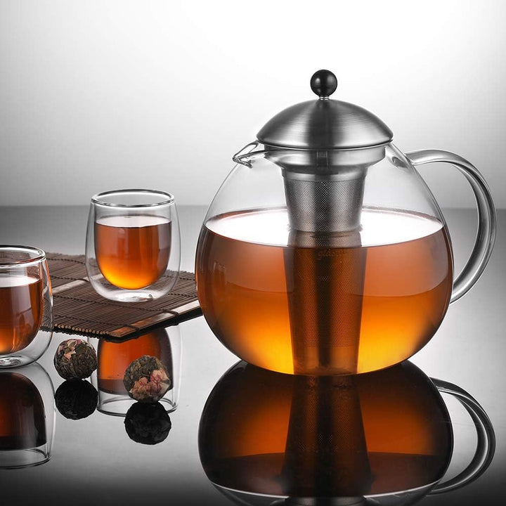 glastal Glas Silberne Teekanne 2000ml mit 18/8 Edelstahl Teesieb Borosilicate Glas Teebereiter auf S