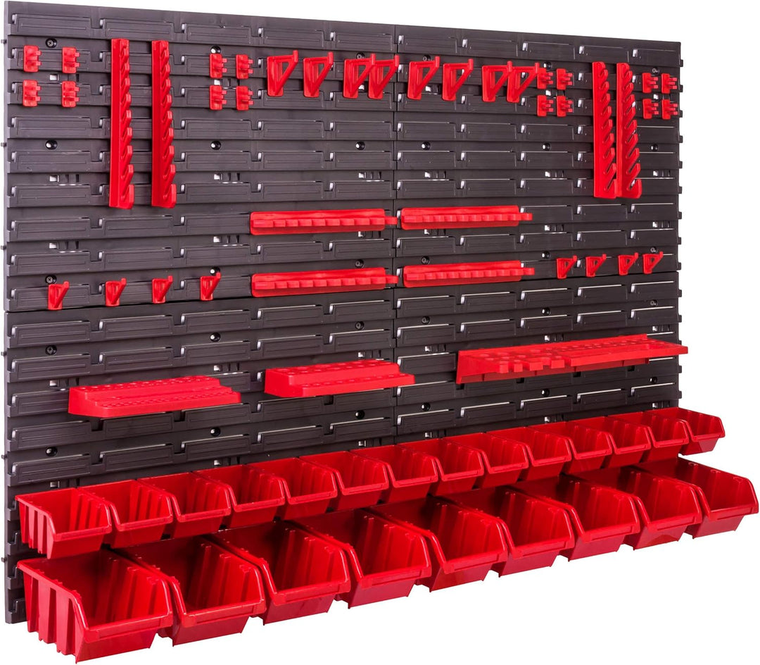 Lagersystem Wandregal 115x78 cm, Werkzeughalterungen, 23 stck. Stapelboxen Schüttenregal Sichtlagerk