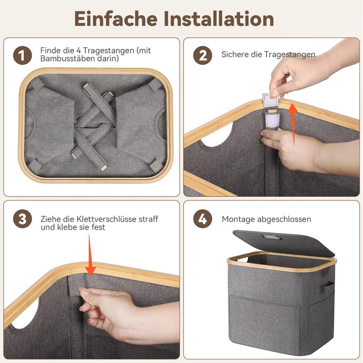 OUSFOT Wäschekorb Klein, 50 L Wäschekorb mit Deckel Faltbar, Grossen Vorderen Taschen und Einem Robu
