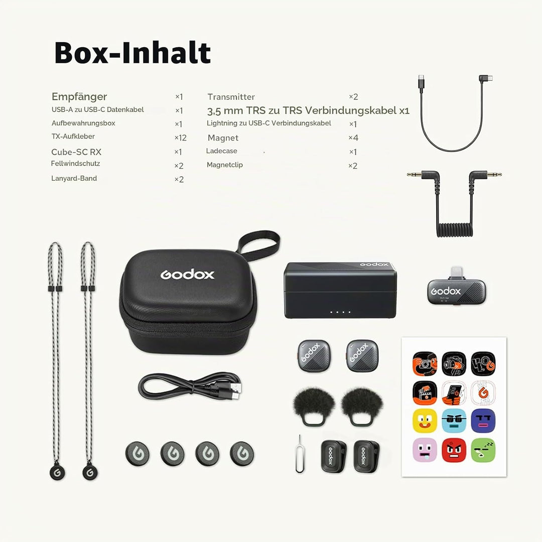 Godox Cube-C Combo Kit2 Wireless Lavalier Mikrofon für Kamera/iPhone/Android/PC,300m Reichweite, 48K