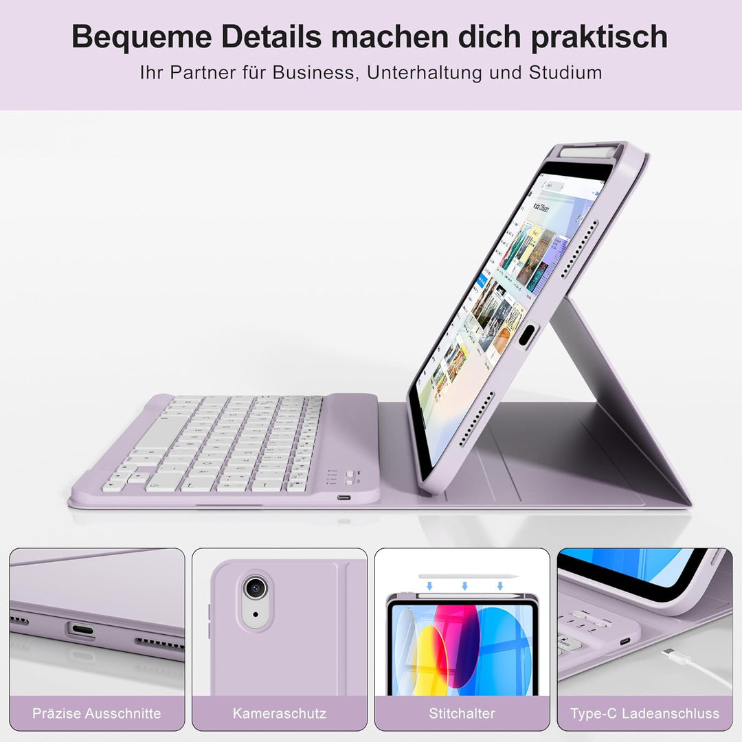 Hülle mit Tastatur für iPad A16 11/10 Generation (2025/2022, 11/10.9 Zoll) - QWERTZ Deutsches Layout