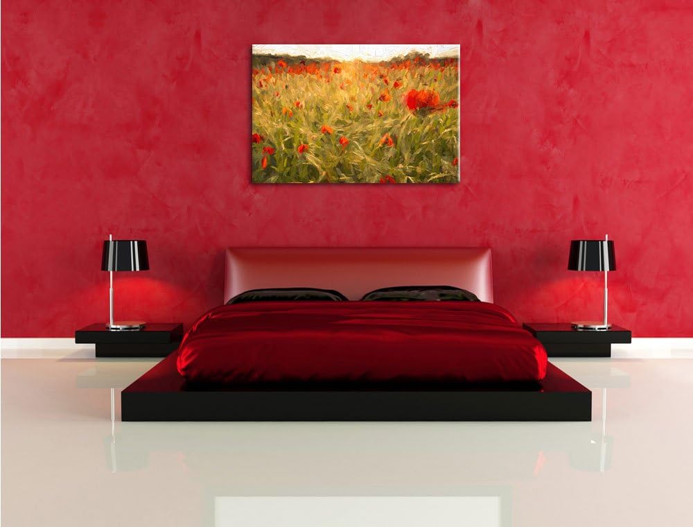 Pixxprint Mohnfeld bei Sonnenuntergang als Leinwandbild/Grösse: 100x70 cm/Wandbild/Kunstdruck/fertig