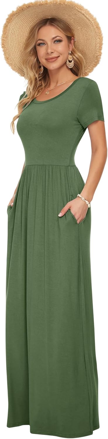 AUSELILY Damen Kurzarm Loose Casual Long Maxi Kleider mit Taschen Armeegrün L, Armeegrün L