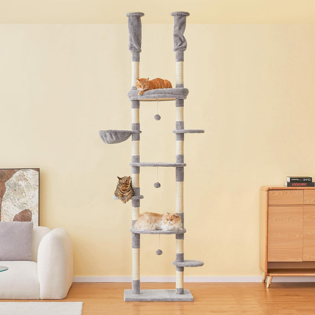 Deckenhoher Katzenbaum 234-259 cm höhenverstellbar, 2-Säulen-Design mit 12 Sisal-Pfosten, mehrstöcki