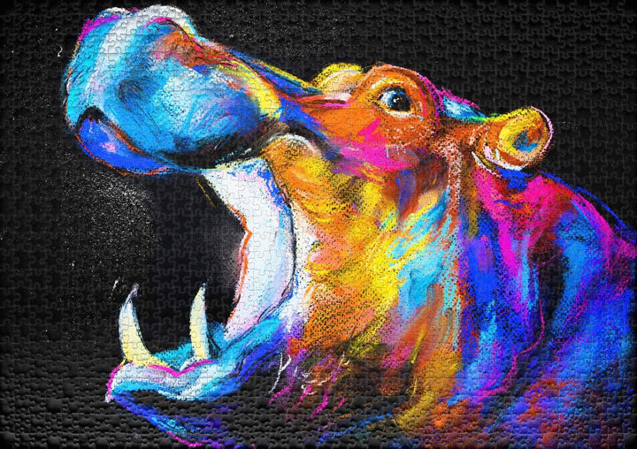 Ulmer Puzzleschmiede - Puzzle „Funky Hippo“ - Abstraktes 1000 Teile Tier-Puzzle – Puzzlemotiv der kü