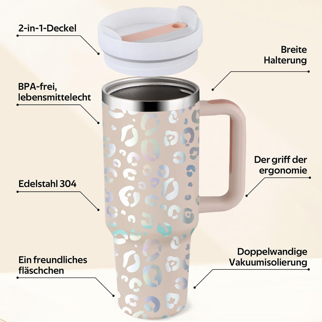 40oz Thermobecher mit Strohhalm und Henkel, Aufgewertet Doppelwandiger Edelstahl Heisse Kalte Geträn