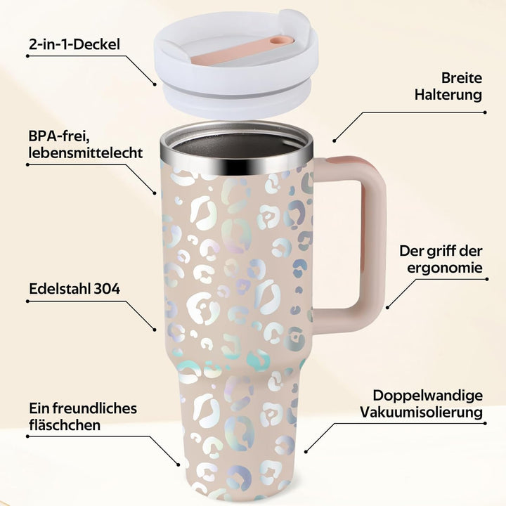 40oz Thermobecher mit Strohhalm und Henkel, Aufgewertet Doppelwandiger Edelstahl Heisse Kalte Geträn