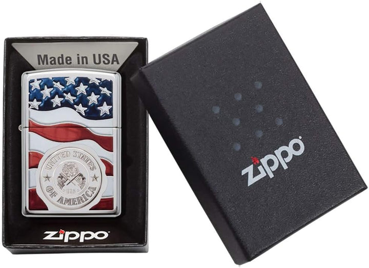 Zippo American Stempel auf Flagge Winddicht Feuerzeug – Chrom poliert American Stam On Flag, America