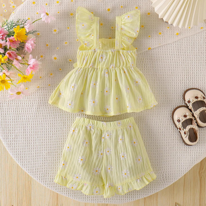 Sommerkleidung für Babys Mädchen Niedliches Rüschen-Gänseblümchen-Top Shorts und Hose Set für Kleink