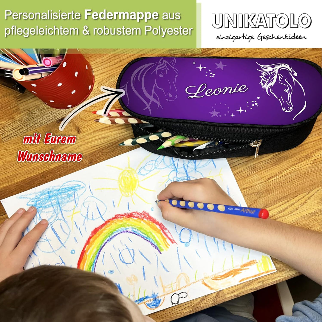 Federmäppchen Pferd lila mit Name personalisiert, violett Stiftebox Mädchen, Federtasche, Geschenkid