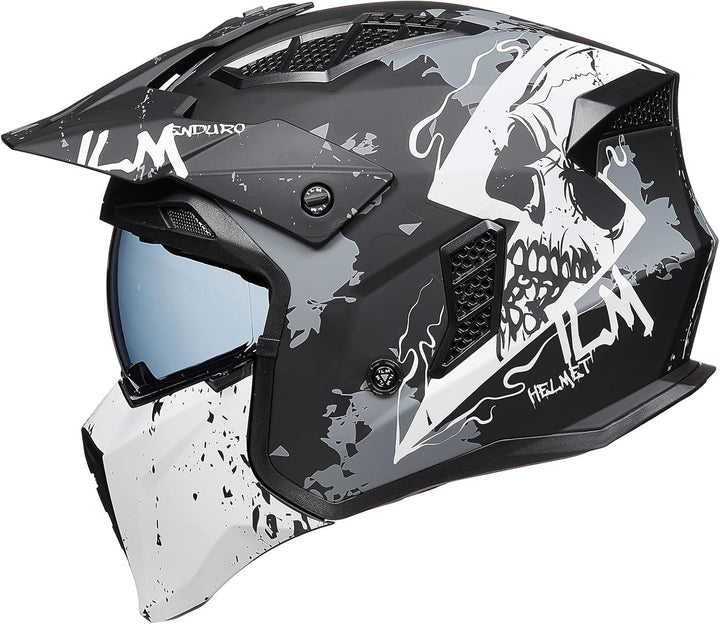 ILM Helm Motorrad Motocross Herren Damen Vintage Retro mit Visier ECE Model Z302,Schädel Matt, XL XL