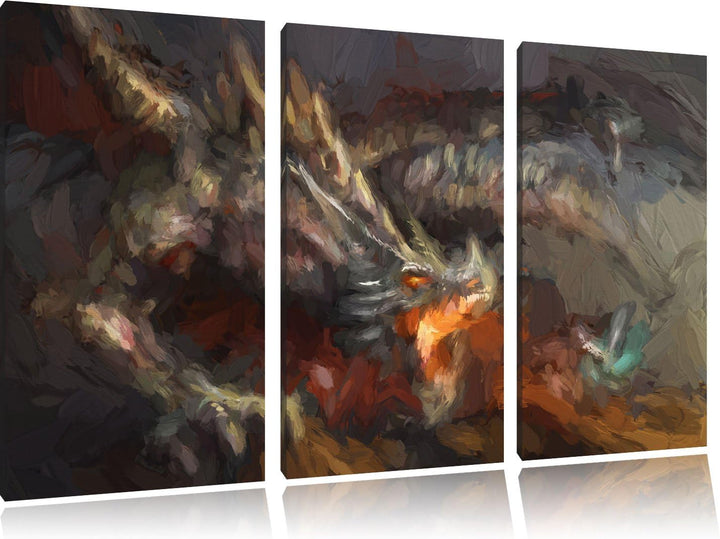 Pixxprint Kampf zwischen Mensch und Drache als Leinwandbild/Grösse: 3 Teilig (120x80 cm) cm/Wandbild